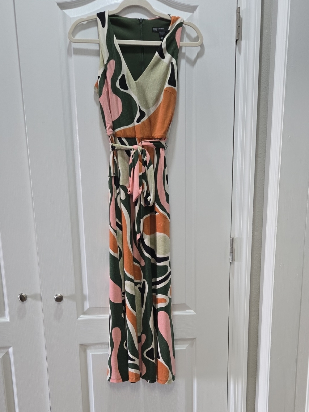 Maggy London Green Pink Rust Abstract Print V-Neck Dress